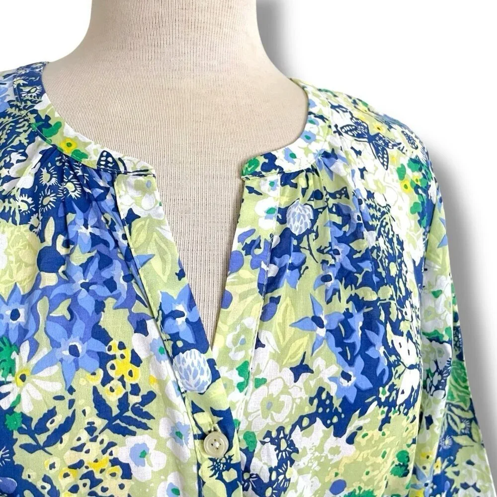 Talbots Womens Midi Dress Sz 14P 14 Petite Blue Butterfly Floral Belted Cotton